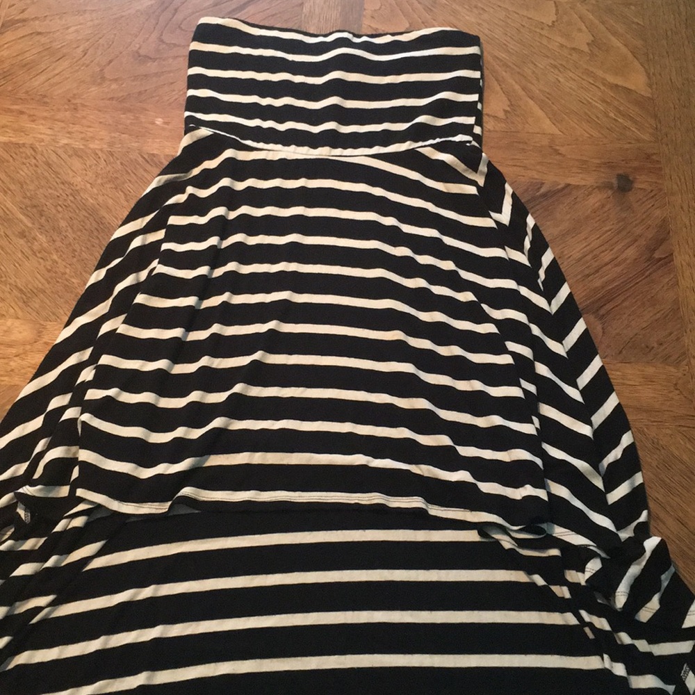 Strapless black dress with white stripes